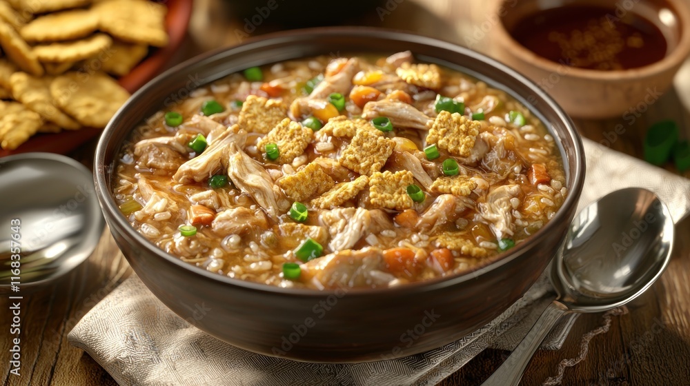 A hearty bowl of chicken soup topped with crackers and herbs. A hearty bowl of chicken soup topped with crackers and herbs.