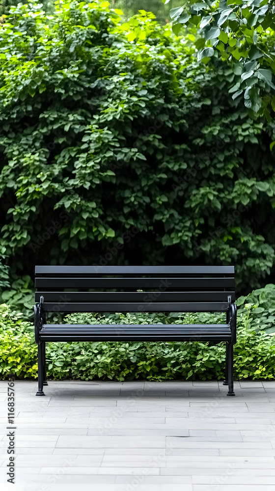 Black park bench, lush green foliage background, peaceful scene, relaxation, outdoor advertising. Black park bench, lush green foliage background, peaceful scene, relaxation, outdoor advertising.