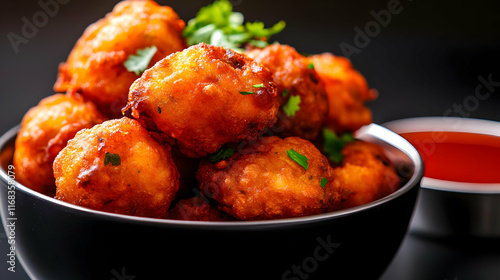 Delicious golden fried snacks served in a bowl, garnished with fresh herbs and accompanied by a spicy dipping sauce. photo