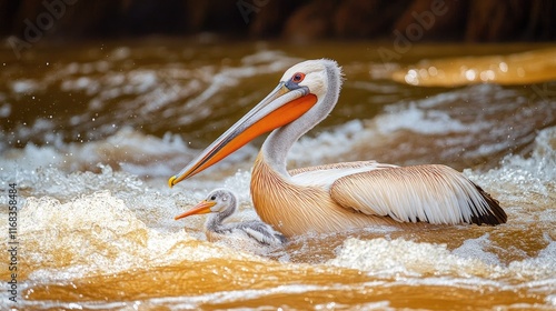 A pelican and its chick swim together in a river, showcasing nature's nurturing bond.