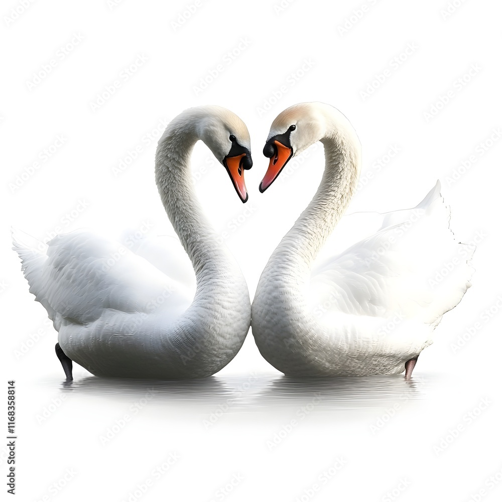 Fototapeta premium Loving Pair of Elegant White Swans Forming a Heart Shape on White Background
