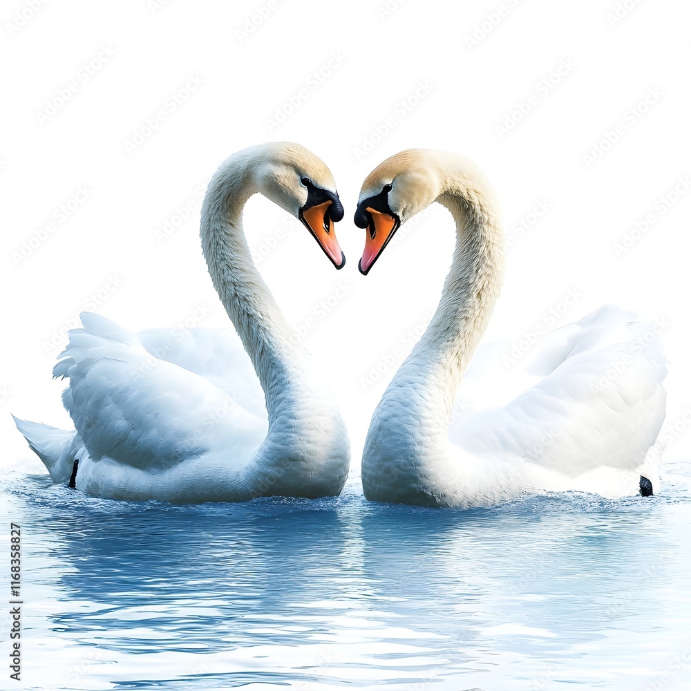Fototapeta premium Pair of Elegant White Swans Forming a Heart on Serene Waterscape