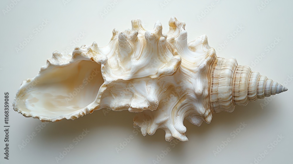 Large, intricately detailed seashell with beige and white swirls, photographed against a light background. Large, intricately detailed seashell with beige and white swirls, photographed against a light background.