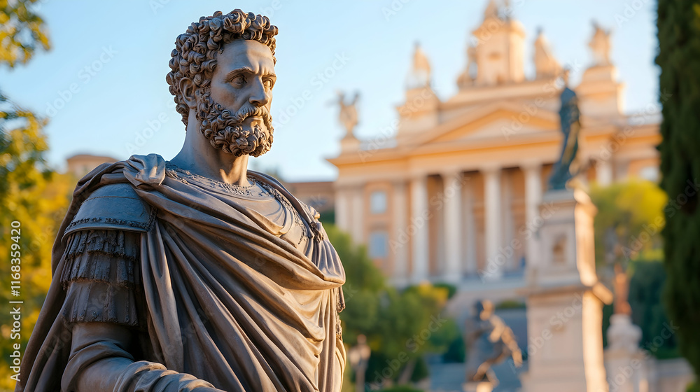 Fototapeta premium Bronze Roman Emperor Statue, City Park, Sunny Day, Historical Building Background, Tourist Attraction.
