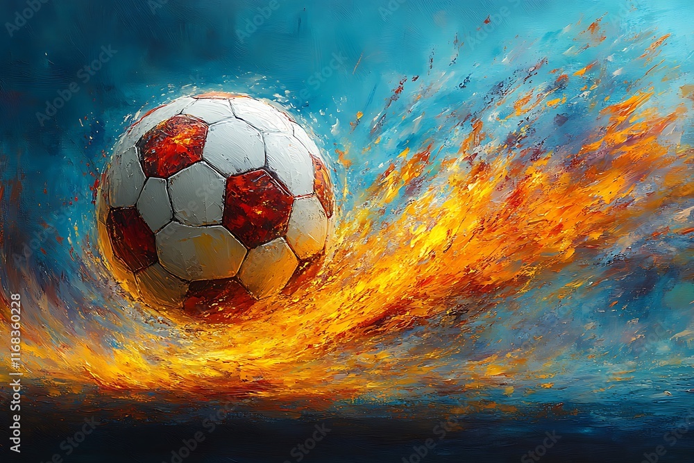 Fototapeta premium Dramatic Soccer Ball in Action, Surrounded by Fire and Color