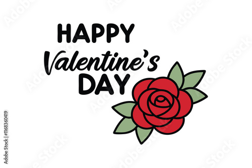 Happy valentine's day hand drawn black vector lettering with red rose.