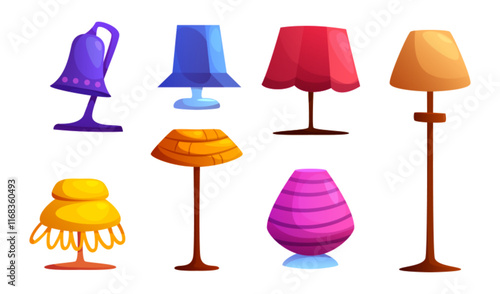 Home lamps set isolated on white background. Vector cartoon illustration of retro floor and table lights with color textile shades and wooden stands, interior design elements, electric equipment