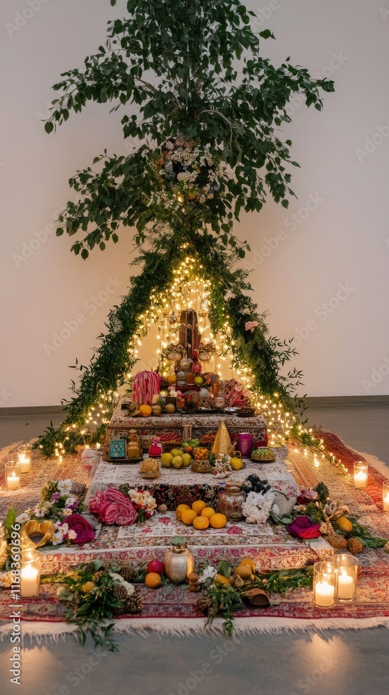 A vibrant altar adorned with fruits, flowers, and lights, celebrating a cultural festival. A vibrant altar adorned with fruits, flowers, and lights, celebrating a cultural festival.