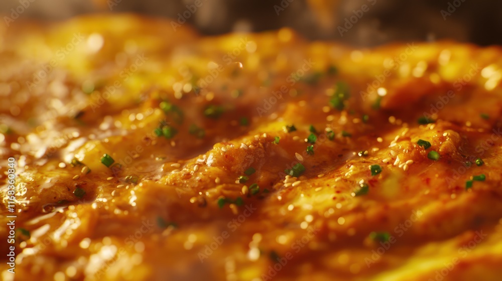 Close-up of sizzling savory dish with herbs. Close-up of sizzling savory dish with herbs.
