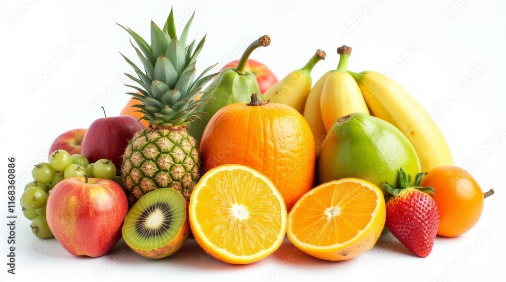 A collection of exotic tropical fruits in vibrant colors, with a variety of textures and shapes, isolated on a white background A collection of exotic tropical fruits in vibrant colors, with a variety of textures and shapes, isolated on a white background