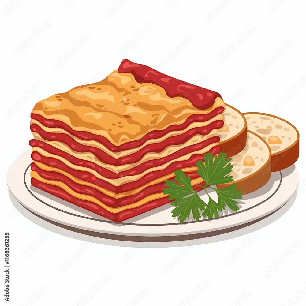 Layered lasagna slice with garlic bread Layered lasagna slice with garlic bread