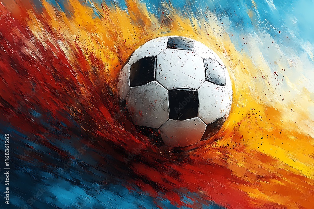 Fototapeta premium Dramatic Soccer Ball in Action, Surrounded by Fire and Color