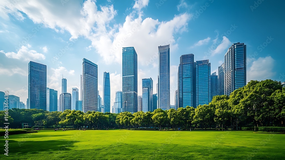 Lush green park contrasts with modern city skyline under a vibrant blue sky. Lush green park contrasts with modern city skyline under a vibrant blue sky.