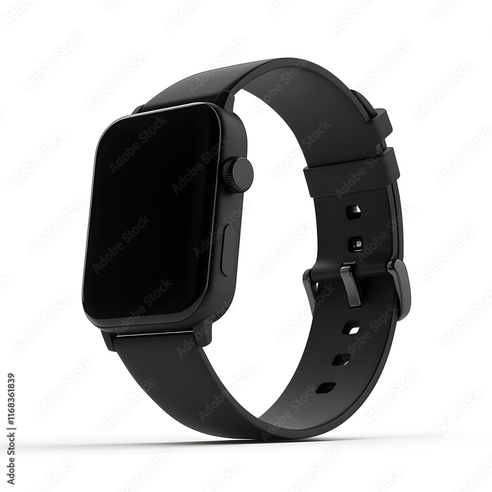 Sleek Black Smartwatch with Digital Display on White Background Sleek Black Smartwatch with Digital Display on White Background
