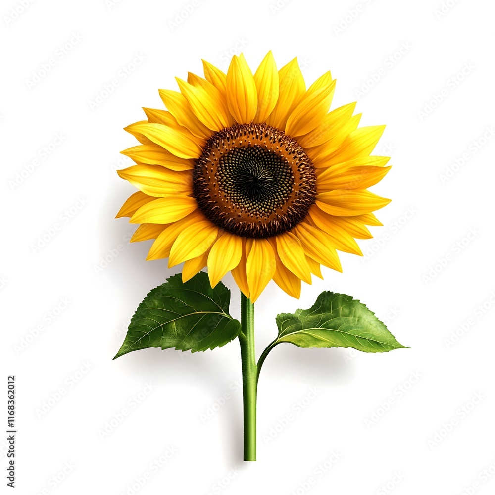 Fototapeta premium Vibrant Sunflower Bloom with Green Stem Against White Background