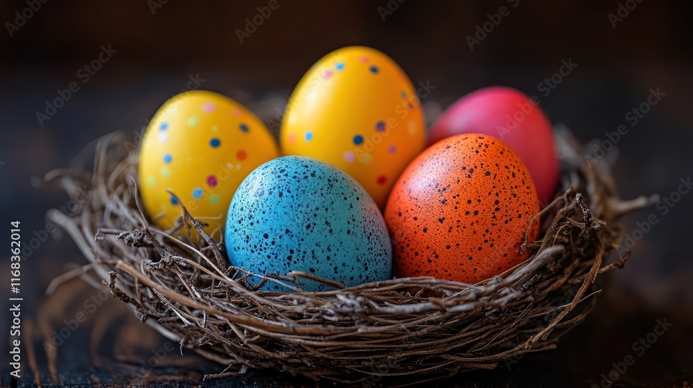 Colorful Easter Eggs Nestled in a Rustic Bird's Nest Colorful Easter Eggs Nestled in a Rustic Bird's Nest