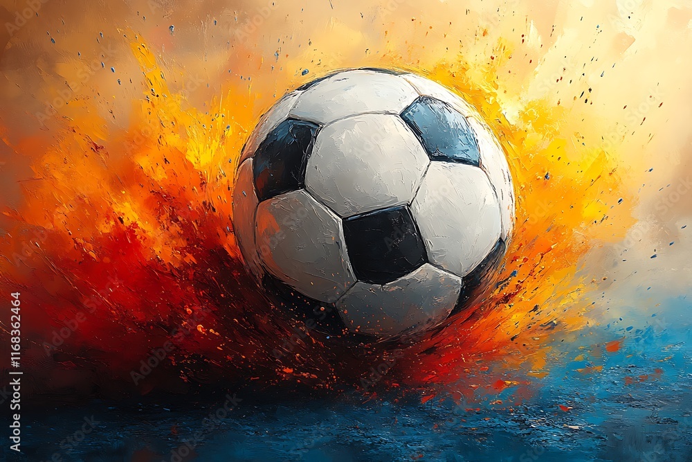Fototapeta premium Dramatic Soccer Ball in Action, Surrounded by Fire and Color