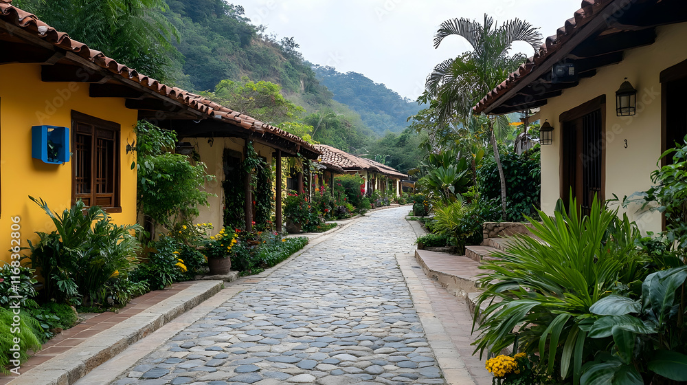 Cobblestone path, colorful houses, lush greenery, Colombian mountainside, tourism brochure.
