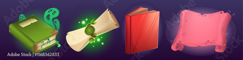 Old magic book and parchment scroll icon for game ui design. Cartoon vector illustration set of closed wizard literature and letter or writing on ancient rolled papyrus paper page. Mystery handbook.
