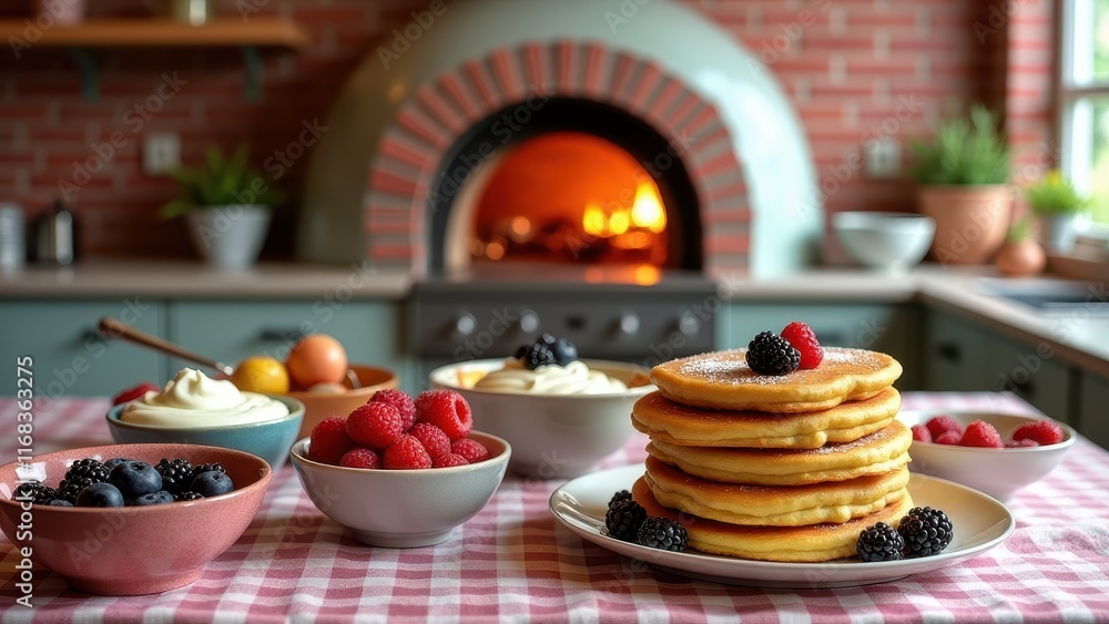 Preparing the feast, Brick oven table with berries cream Preparing the feast, Brick oven table with berries cream