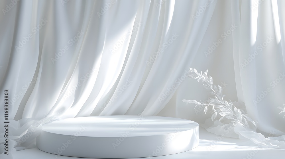 White Cylinder Platform Draped in Sheer White Fabric White Cylinder Platform Draped in Sheer White Fabric