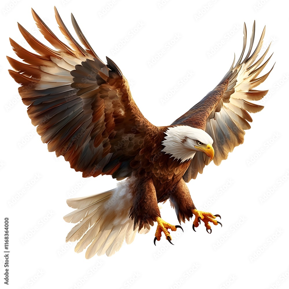 Obraz premium Majestic Bald Eagle in Mid Flight with Open Wings on White Background