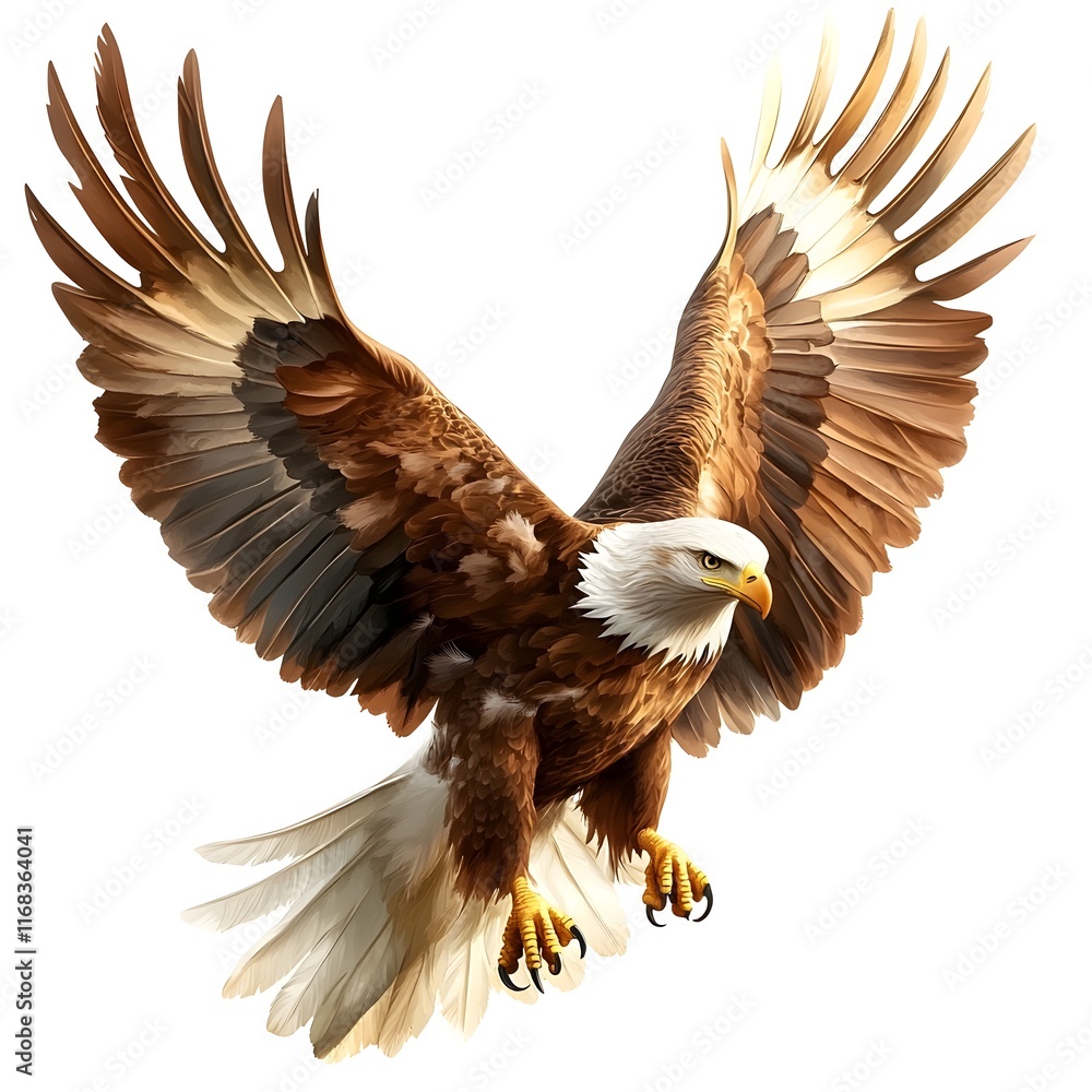 Obraz premium Majestic eagle in mid flight with open wings against white background