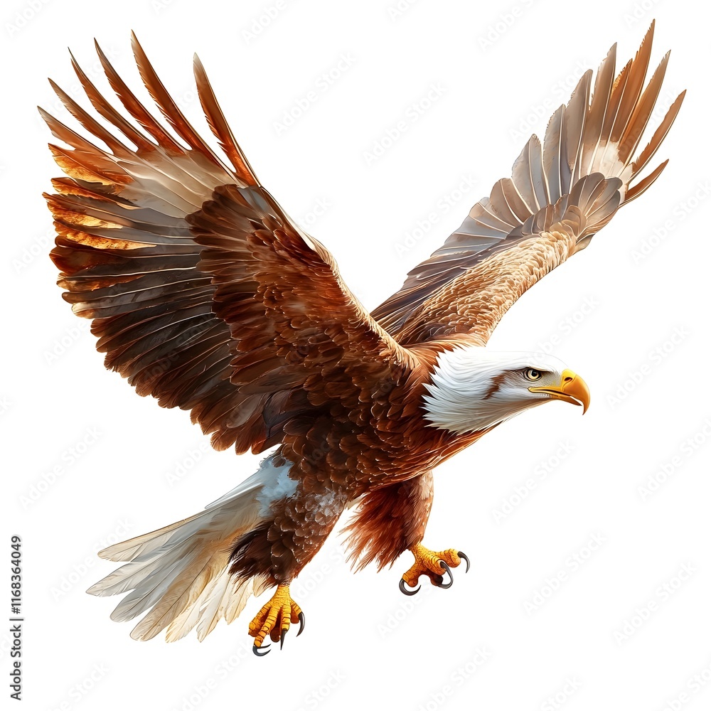 Fototapeta premium Majestic Eagle Soaring in Mid Flight with Outstretched Wings Against White Background