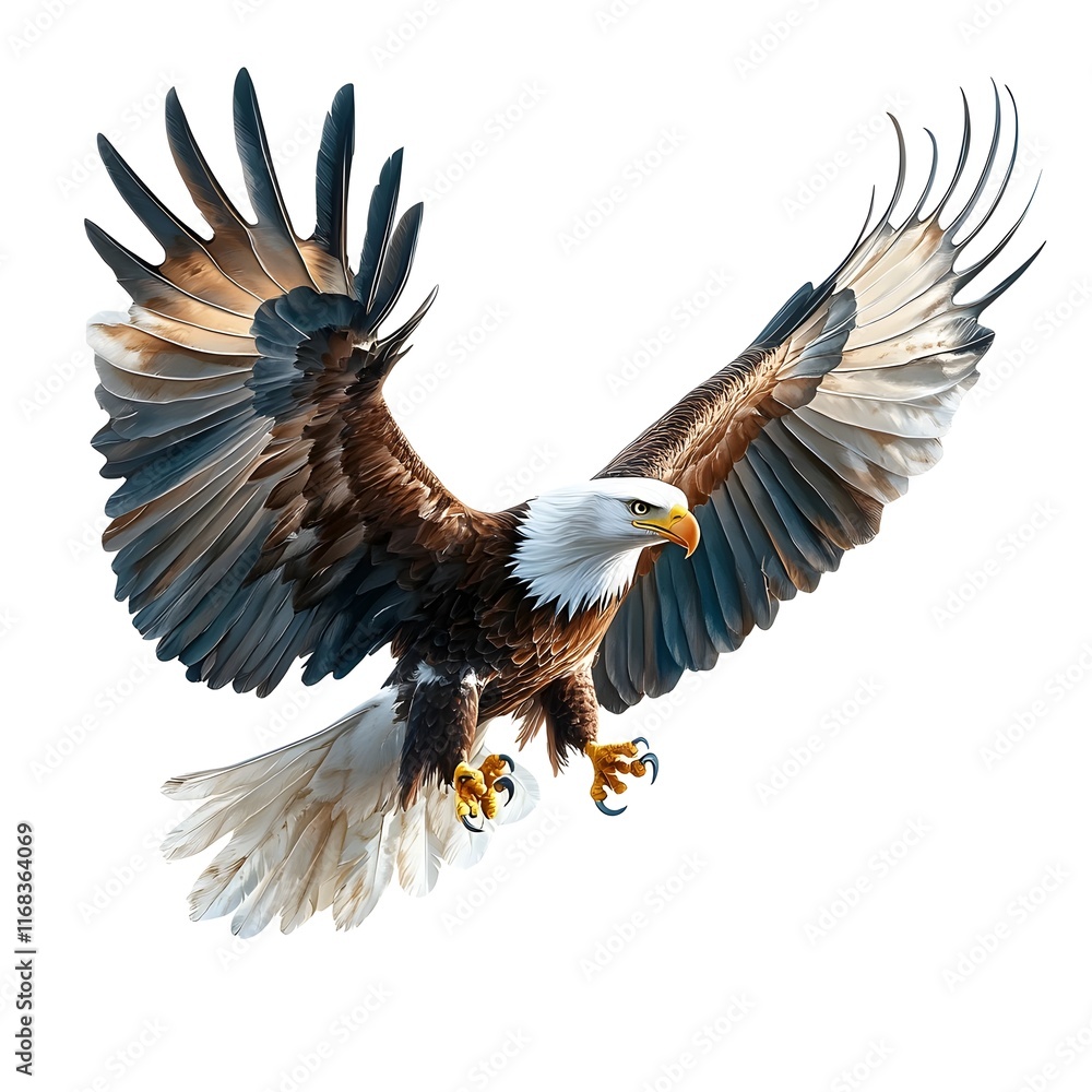 Obraz premium Magnificent Eagle in Mid Flight with Outstretched Wings Against White Background
