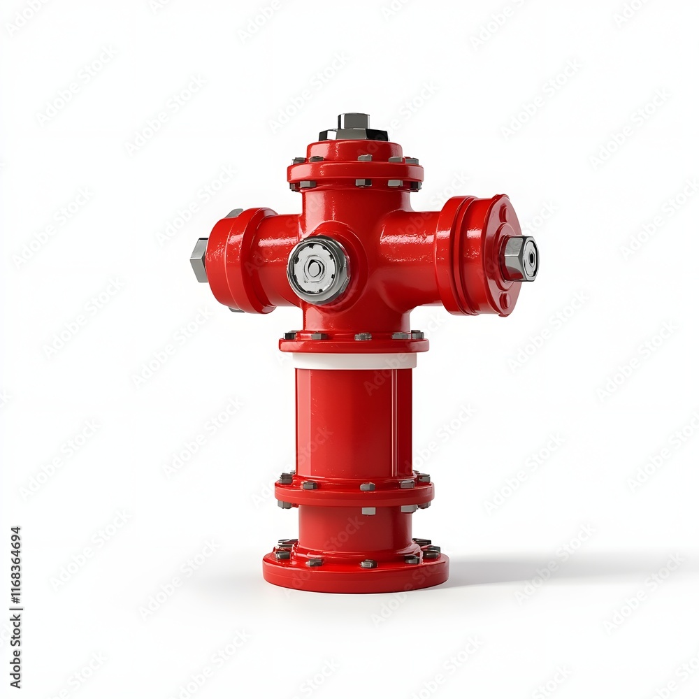 The traditional red fire hydrant with shiny metal details isolated on a white background The traditional red fire hydrant with shiny metal details isolated on a white background