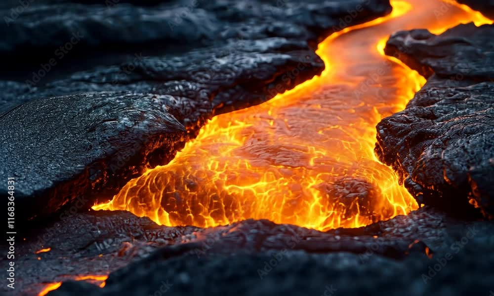Close-up view of a molten lava river flowing through dark volcanic rock, showcasing the intense heat and vibrant orange glow. Close-up view of a molten lava river flowing through dark volcanic rock, showcasing the intense heat and vibrant orange glow.