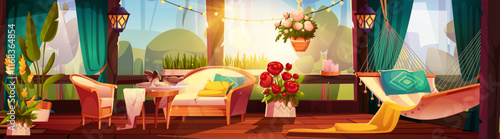 Summer terrace interior with furniture. Vector cartoon illustration of cozy patio with large windows, hammock, birds on table and armchair, garland lights, flower pots, sunny green park view in