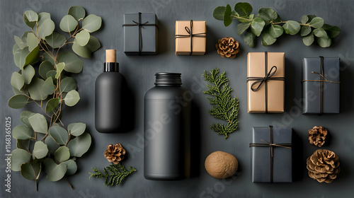 Wallpaper Mural Stylish arrangement of dark packaging, pine cones, and greenery for an elegant, modern aesthetic. Torontodigital.ca