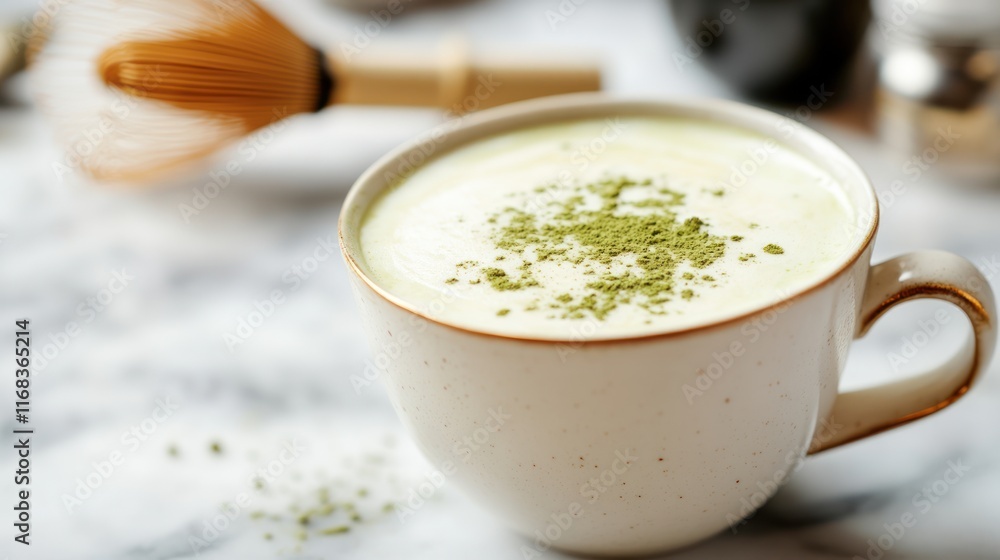 Creamy matcha latte in elegant cup. Creamy matcha latte in elegant cup.