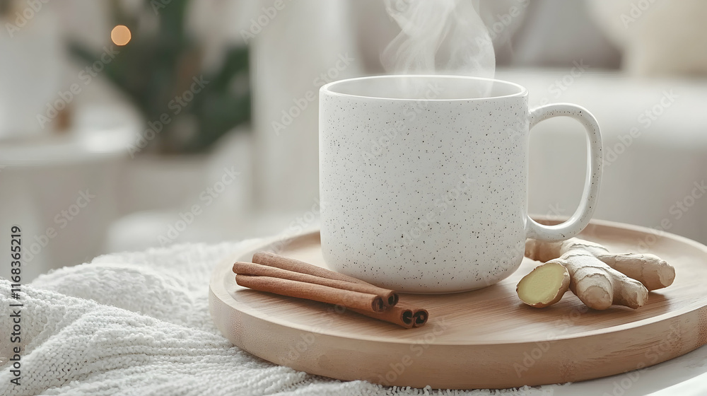 Cozy Winter Tea steaming mug, cinnamon, ginger, living room background, perfect for blog, website, or advertisement. Cozy Winter Tea steaming mug, cinnamon, ginger, living room background, perfect for blog, website, or advertisement.
