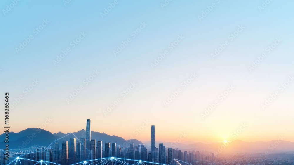 Naklejka premium City skyline at sunrise with a digital network overlay.