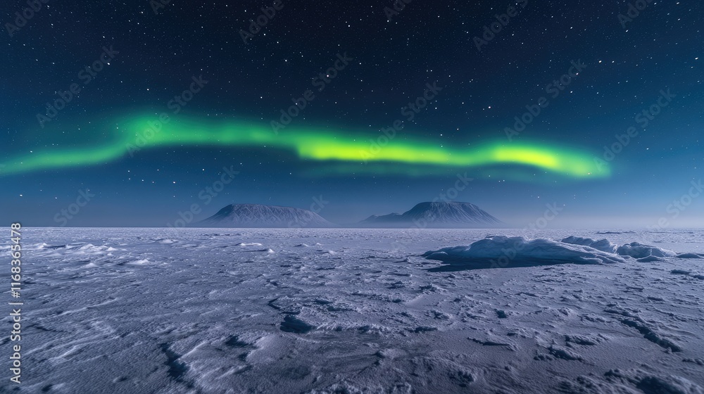 A stunning view of the aurora borealis over icy landscapes under a starry sky.