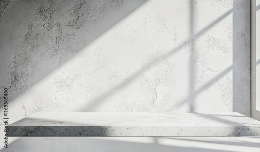 Minimalist marble shelf with sunlight shadows on textured wall. Minimalist marble shelf with sunlight shadows on textured wall.