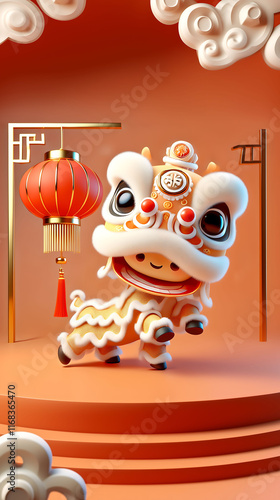 Cute lion dance, 3d Chinese traditional lion dance performance, New Year 3d illustration, New Year, 2025 Year of the snake, Lunar New Year, New Year's Eve, New Year's Day2025年 正月 巳年