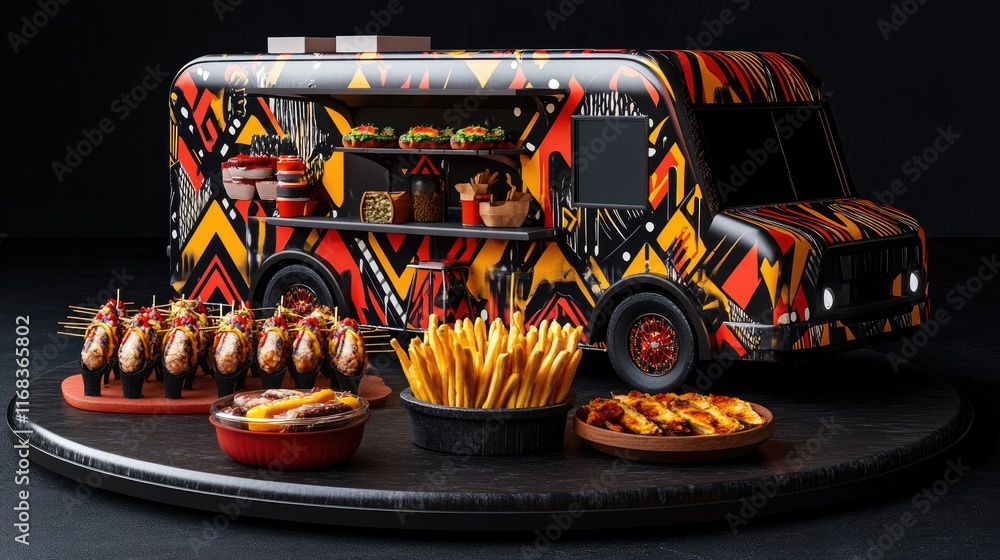 custom made wallpaper toronto digitalA vibrant food truck with assorted dishes, showcasing a lively culinary experience.