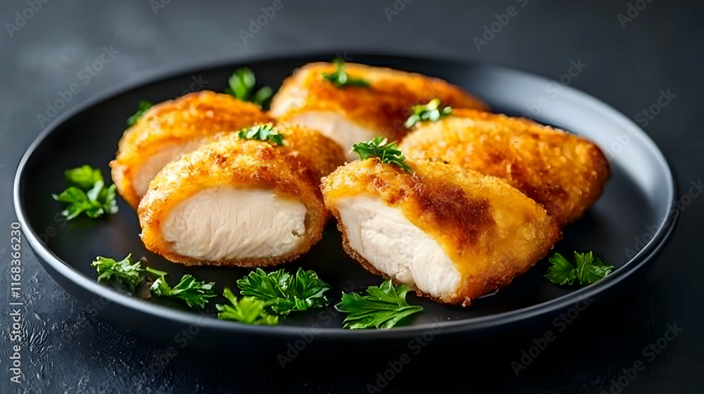 Crispy Breaded Chicken Breast Slices on Black Plate, Garnish, Dark Background, Food Blog, Recipe. Crispy Breaded Chicken Breast Slices on Black Plate, Garnish, Dark Background, Food Blog, Recipe.