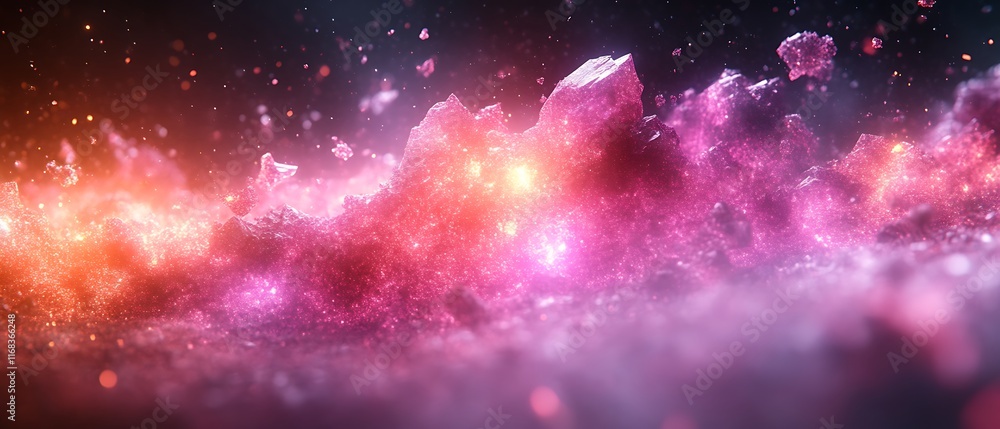Fototapeta premium Pink and orange nebula with glowing particles.