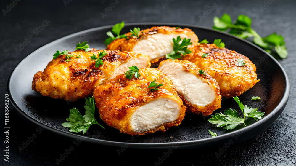 Crispy Chicken Breast Slices on Plate, Dark Background, Food Photography, Restaurant Menu. Crispy Chicken Breast Slices on Plate, Dark Background, Food Photography, Restaurant Menu.