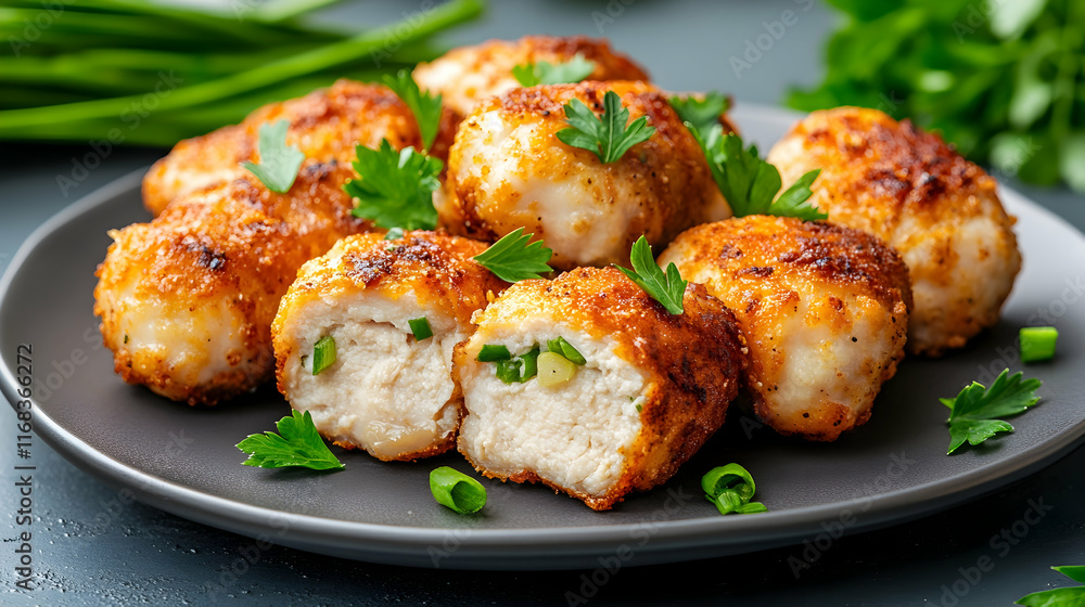 Crispy Chicken Bites Appetizer Plate, Herbs Garnish, Dark Background, Restaurant Menu Food Photography. Crispy Chicken Bites Appetizer Plate, Herbs Garnish, Dark Background, Restaurant Menu Food Photography.