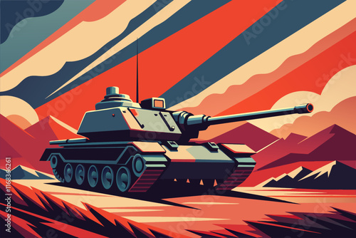 Cartoon tank on the background of the mountains. Vector illustration.