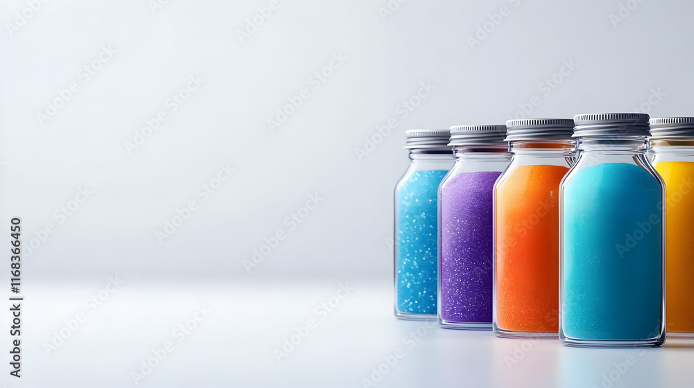 Vibrant fruit drinks in transparent bottles, showcasing an array of colors against a minimalist background. Vibrant fruit drinks in transparent bottles, showcasing an array of colors against a minimalist background.