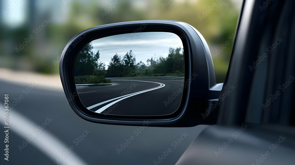 View from a car side mirror reflecting a winding road surrounded by greenery on a sunny day.