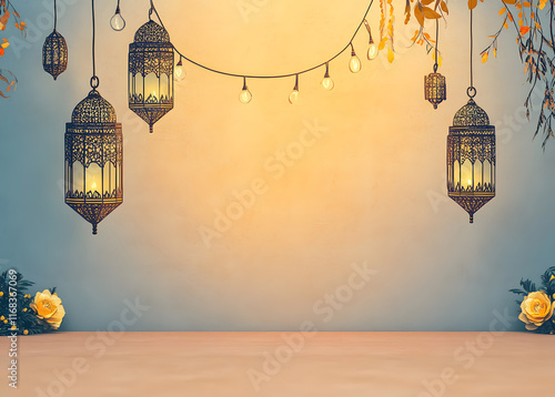 background design with ramadan theme, with illustrations lanterns photo