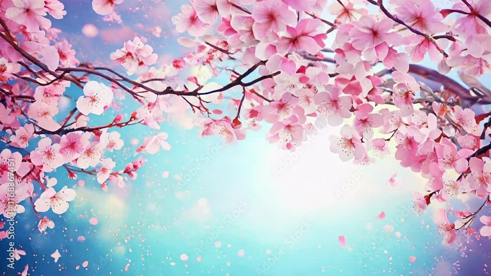 淡い青色ぼかし背景に花びらが舞い散る美しい桜の花のフレームのアニメーション 淡い青色ぼかし背景に花びらが舞い散る美しい桜の花のフレームのアニメーション