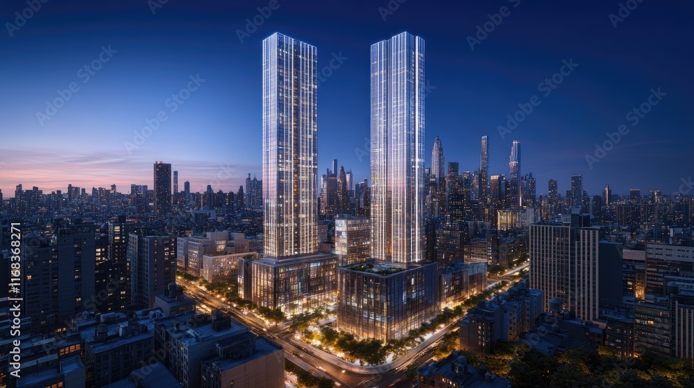 Fototapeta premium Aerial view of modern skyscrapers illuminated at dusk in an urban skyline.